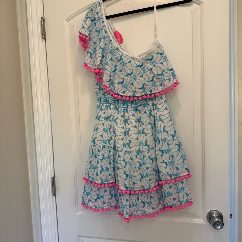 Lilly Pulitzer Blue and White Dress with Pink Trim Addilyn One-Shoulder Dress
